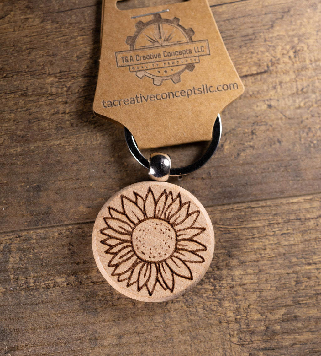 Laser Engraved Wood Sunflower Keychain / Bag Charm – Hardwood with Stainless Hardware – Flower Lover Gift