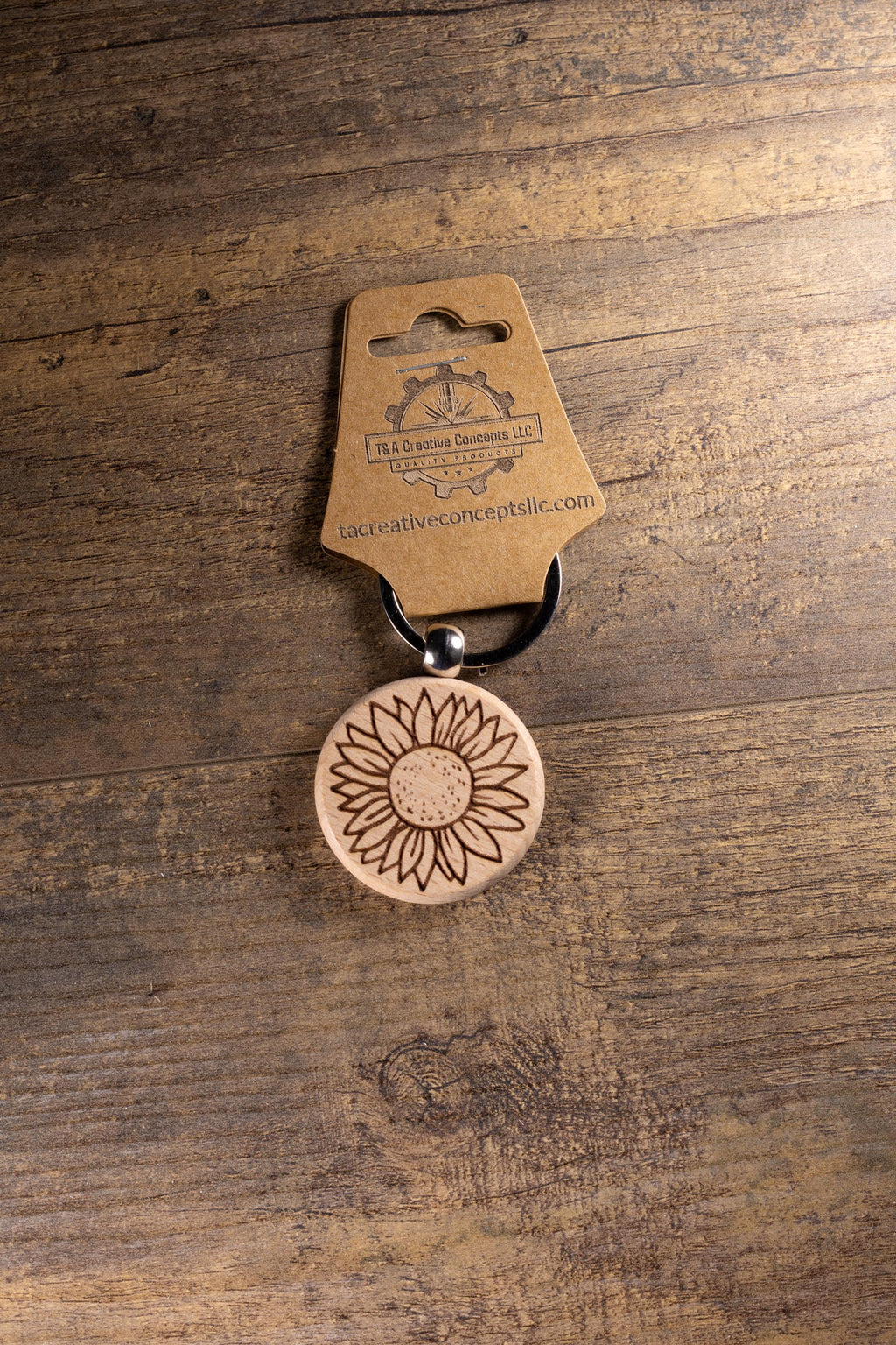 Laser Engraved Wood Sunflower Keychain / Bag Charm – Hardwood with Stainless Hardware – Flower Lover Gift
