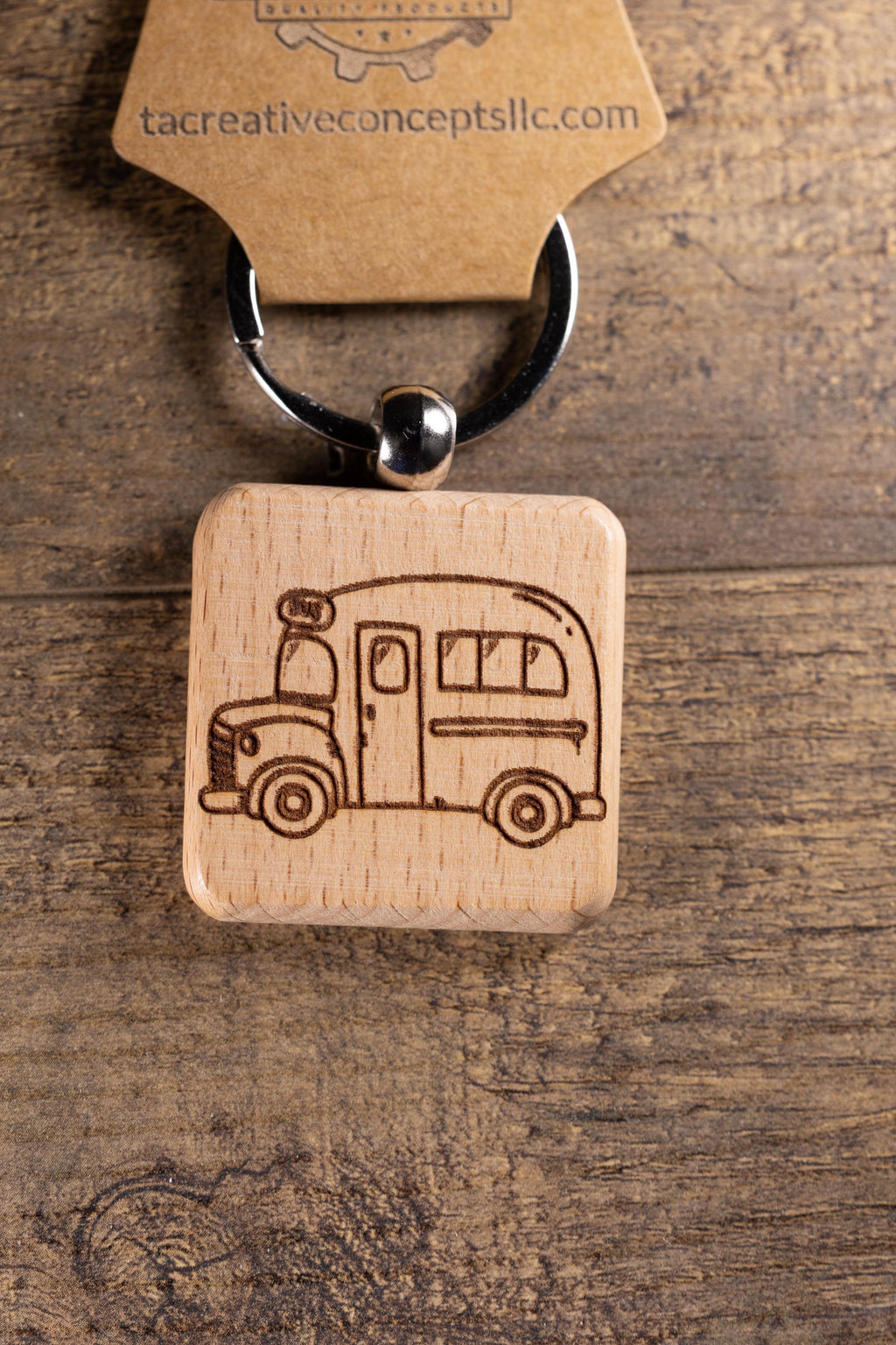Laser Engraved Wood School Bus Keychain / Bag Charm – Hardwood with Stainless Hardware – Teacher or Driver Gift