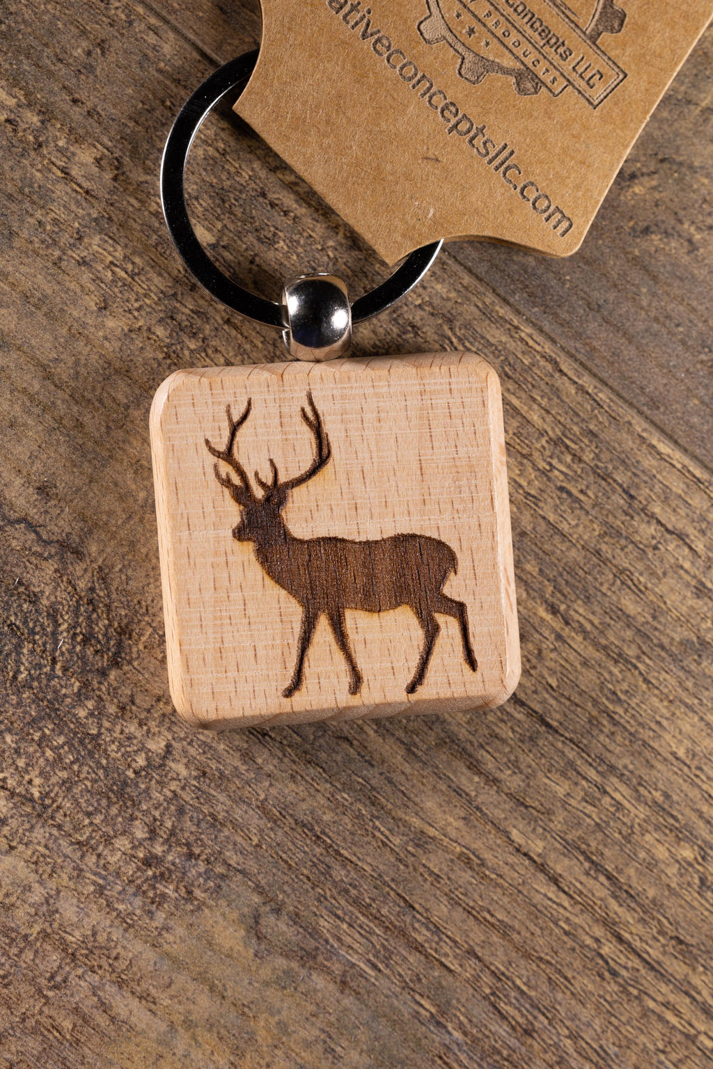 Laser Engraved Wood Buck Keychain / Bag Charm – Hardwood with Stainless Hardware – Deer Hunter Gift