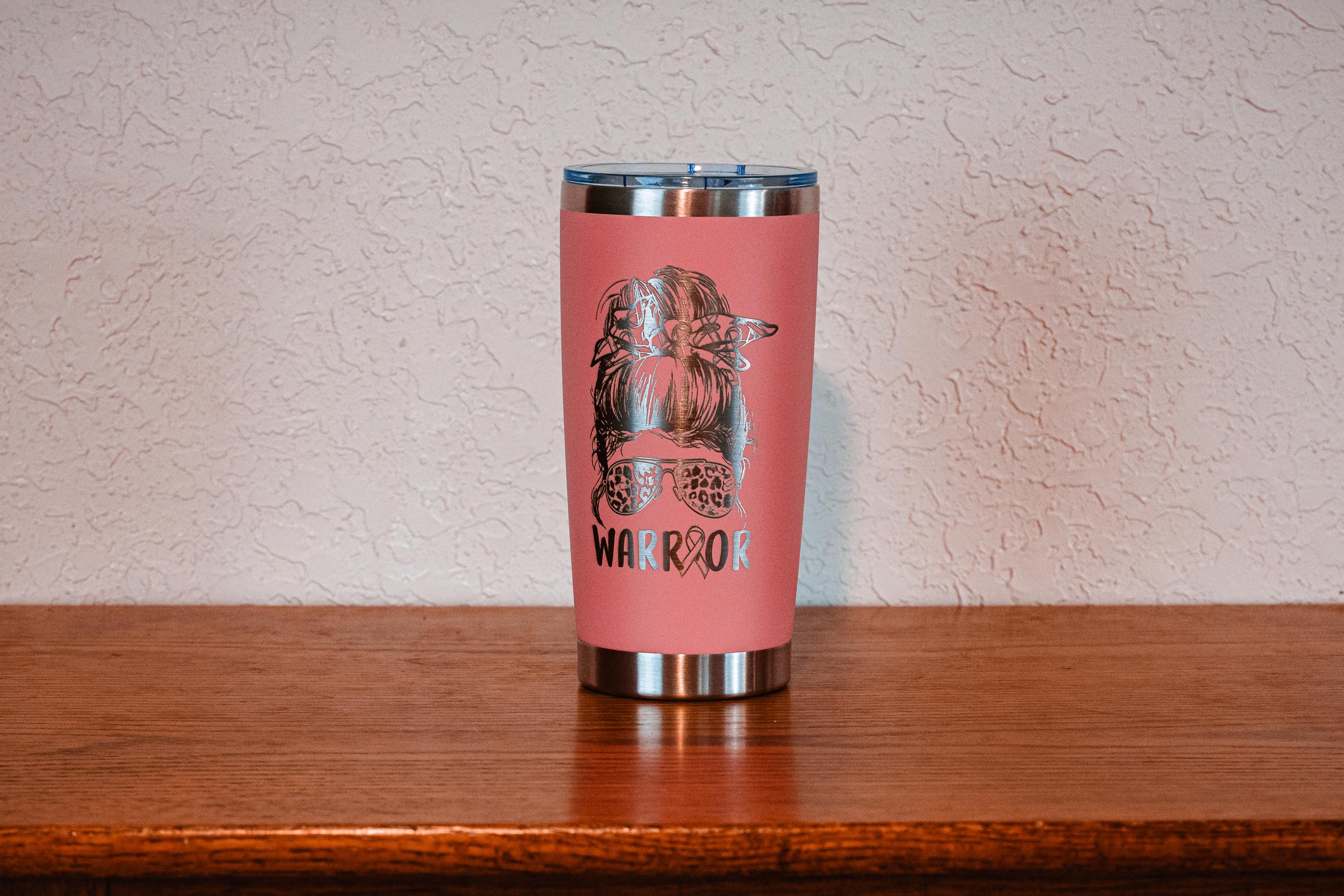 Pink “warrior” 20oz stainless steel tumbler – breast cancer awareness – five dollar donation to susan g. komen foundation