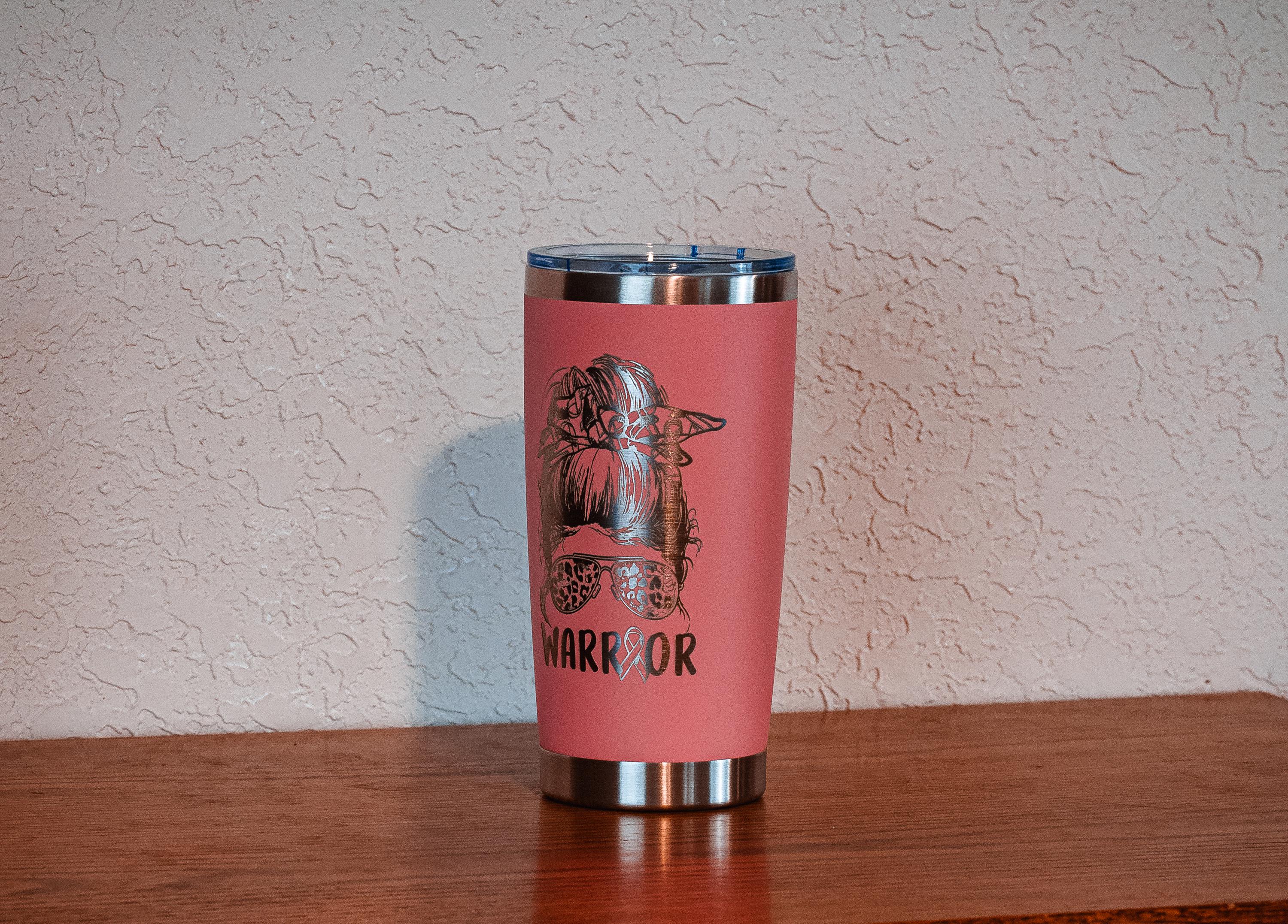 Pink “warrior” 20oz stainless steel tumbler – breast cancer awareness – five dollar donation to susan g. komen foundation