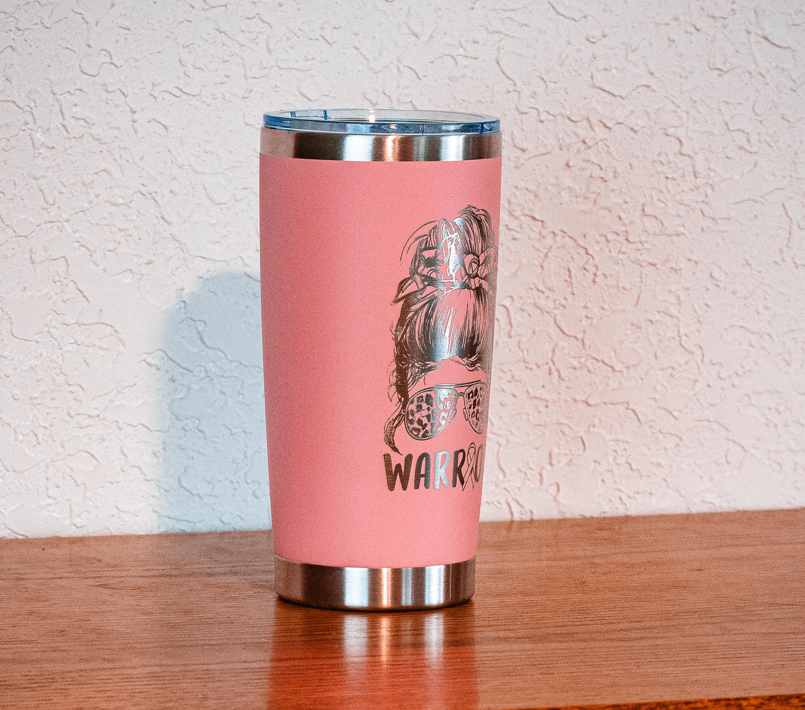 Pink “warrior” 20oz stainless steel tumbler – breast cancer awareness – five dollar donation to susan g. komen foundation