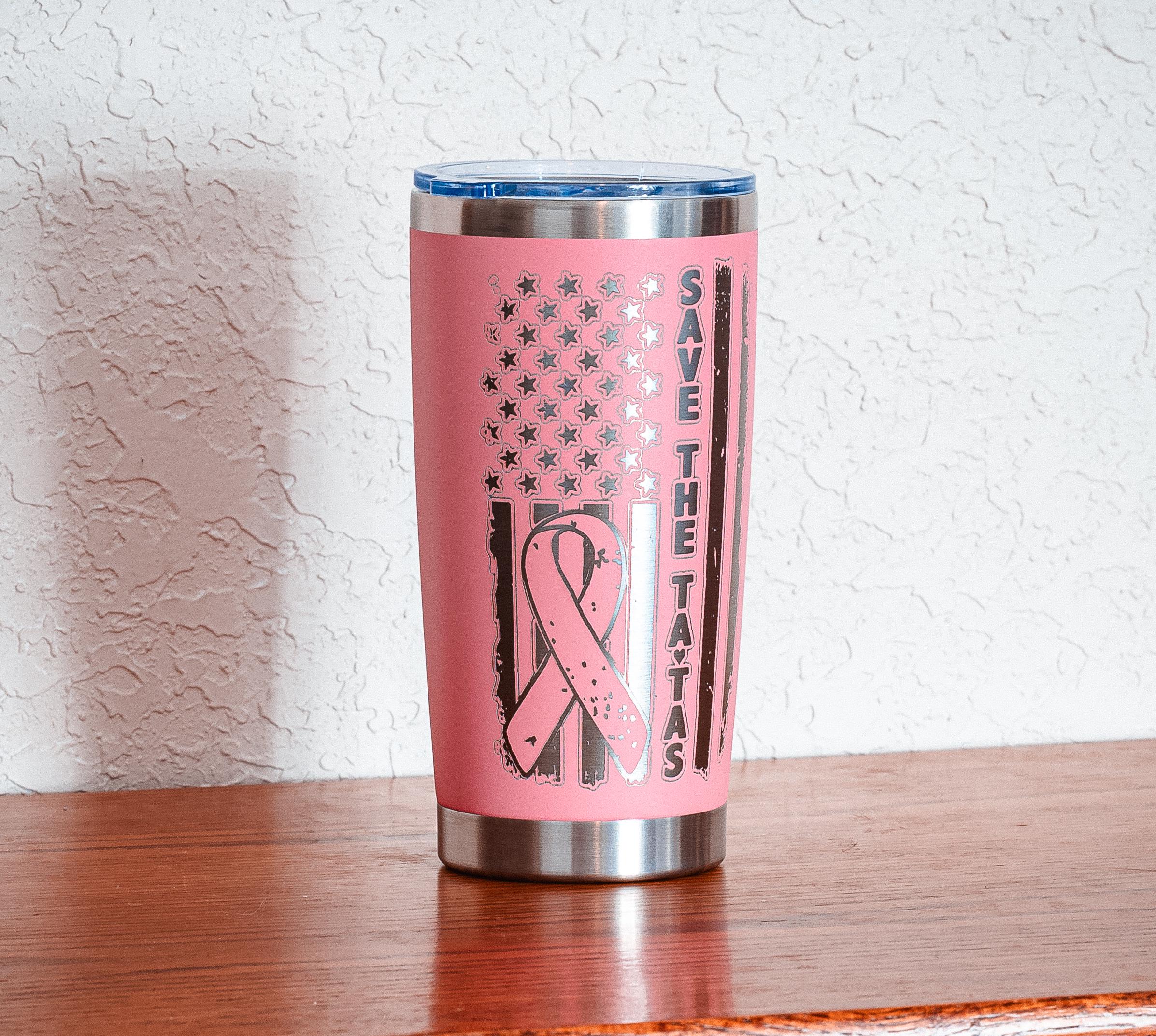Pink “save the tatas” 20oz stainless steel tumbler – breast cancer awareness – five dollar donation to susan g. komen foundation