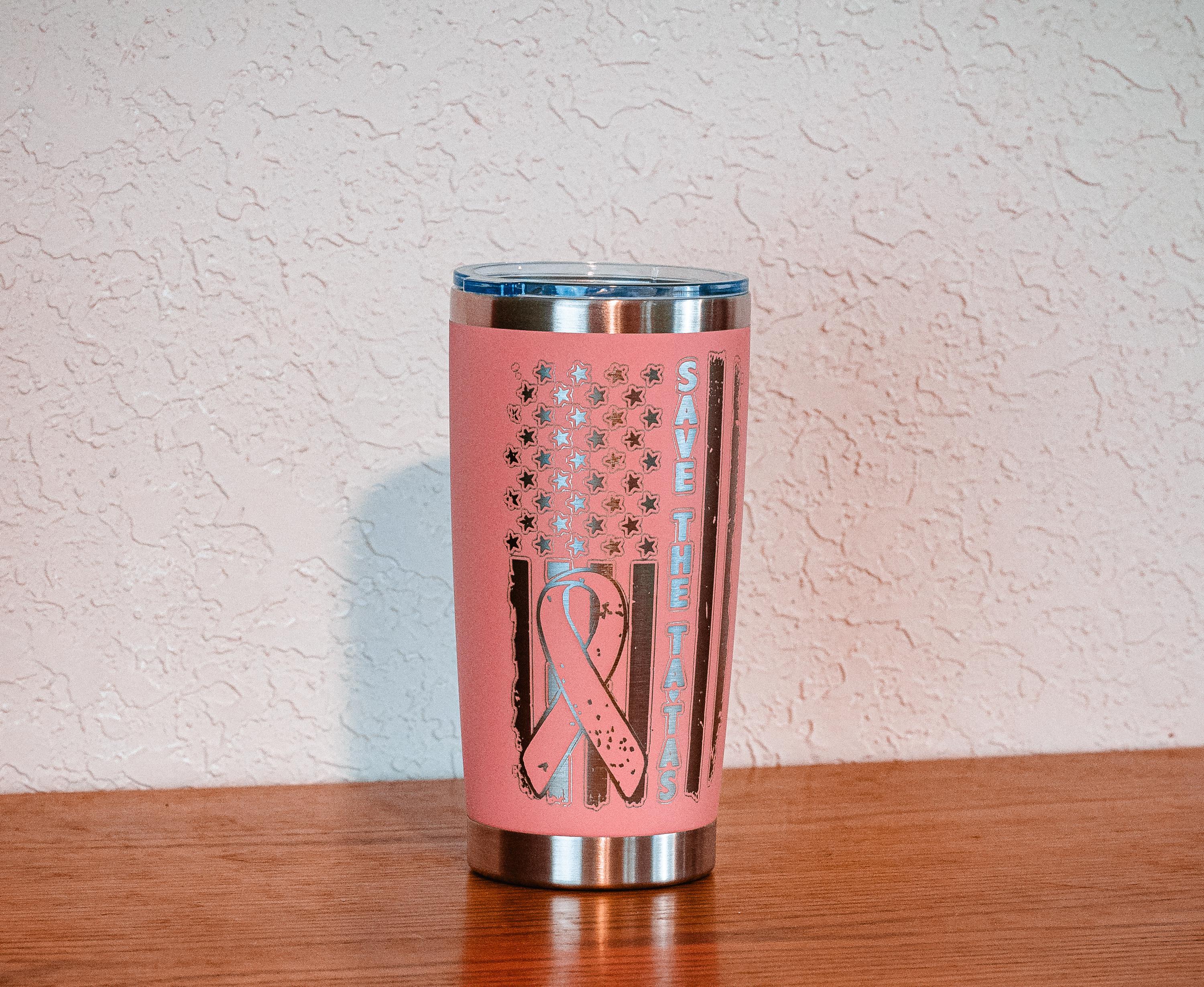 Pink “save the tatas” 20oz stainless steel tumbler – breast cancer awareness – five dollar donation to susan g. komen foundation