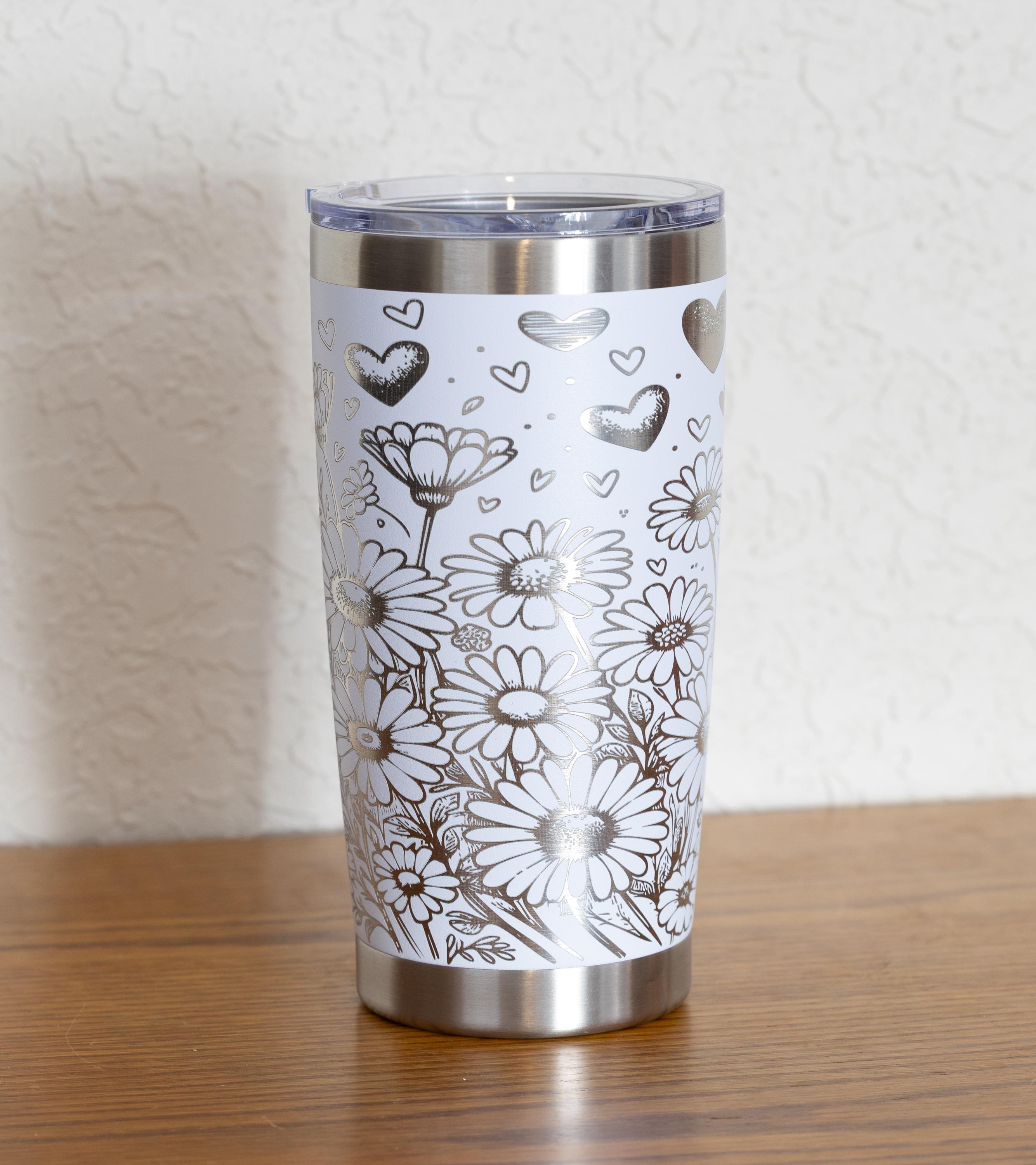 20oz Daisies and Hearts Stainless Steel Tumbler – Laser Engraved Floral Design – Yeti or Unbranded