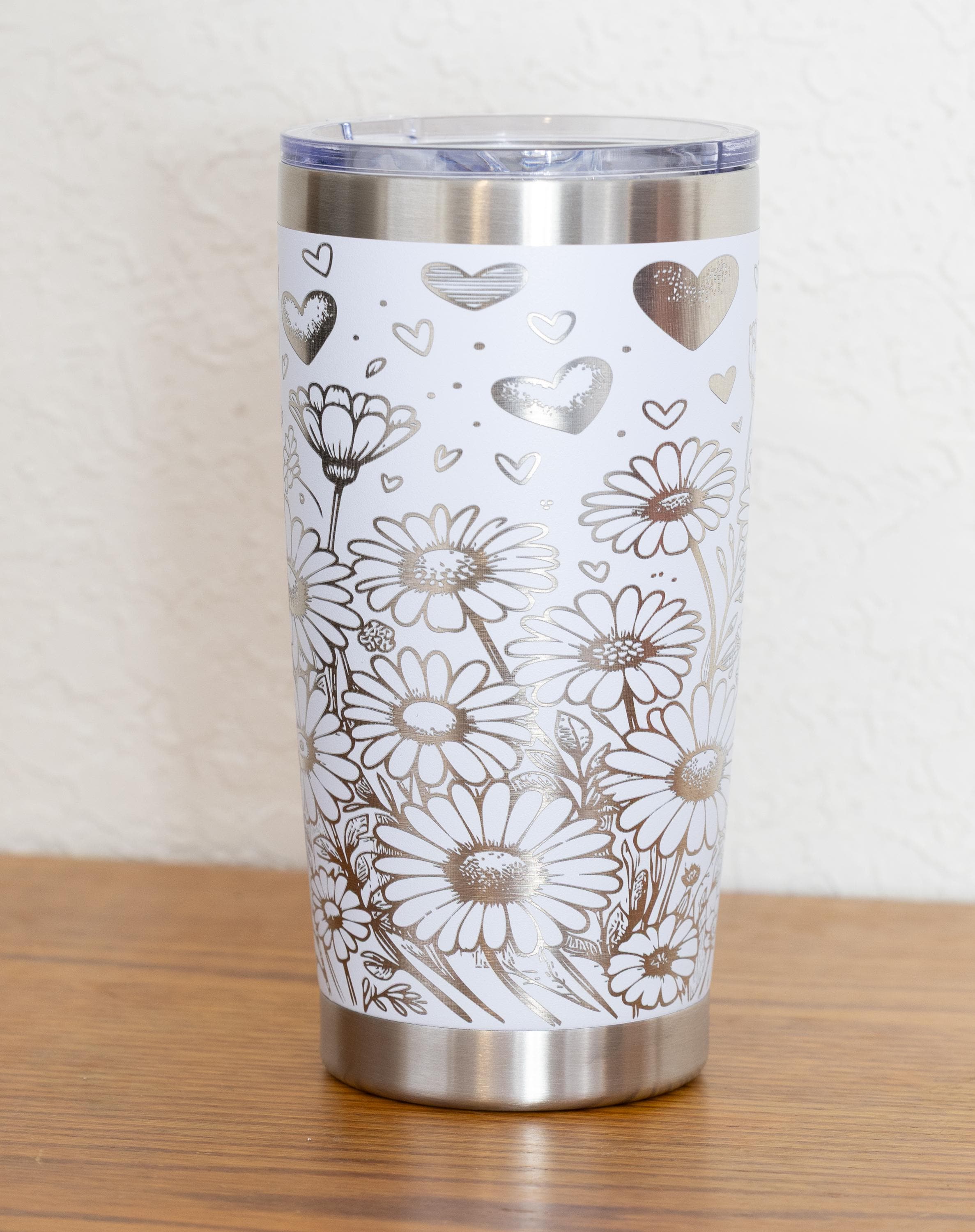 20oz Daisies and Hearts Stainless Steel Tumbler – Laser Engraved Floral Design – Yeti or Unbranded