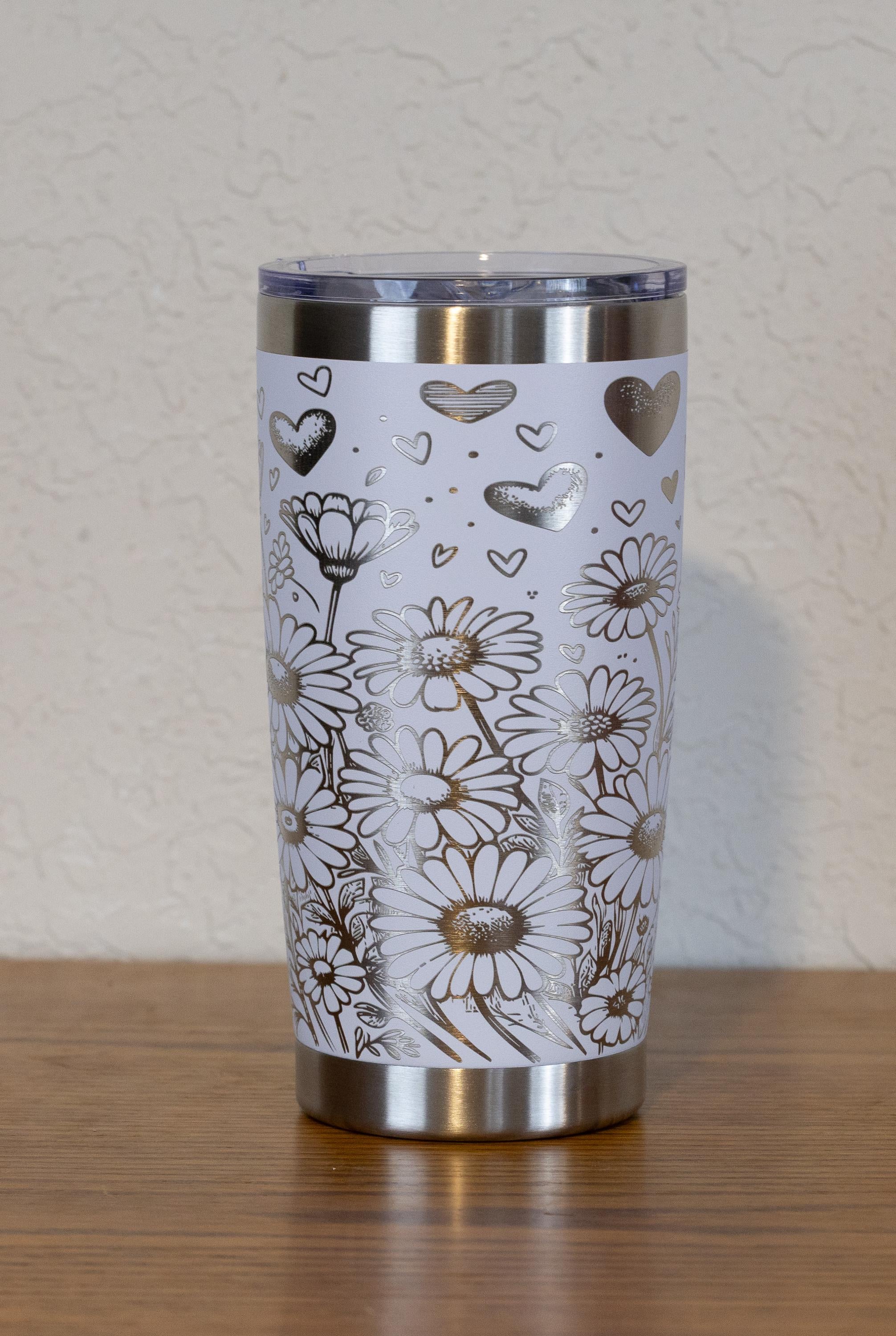 20oz Daisies and Hearts Stainless Steel Tumbler – Laser Engraved Floral Design – Yeti or Unbranded