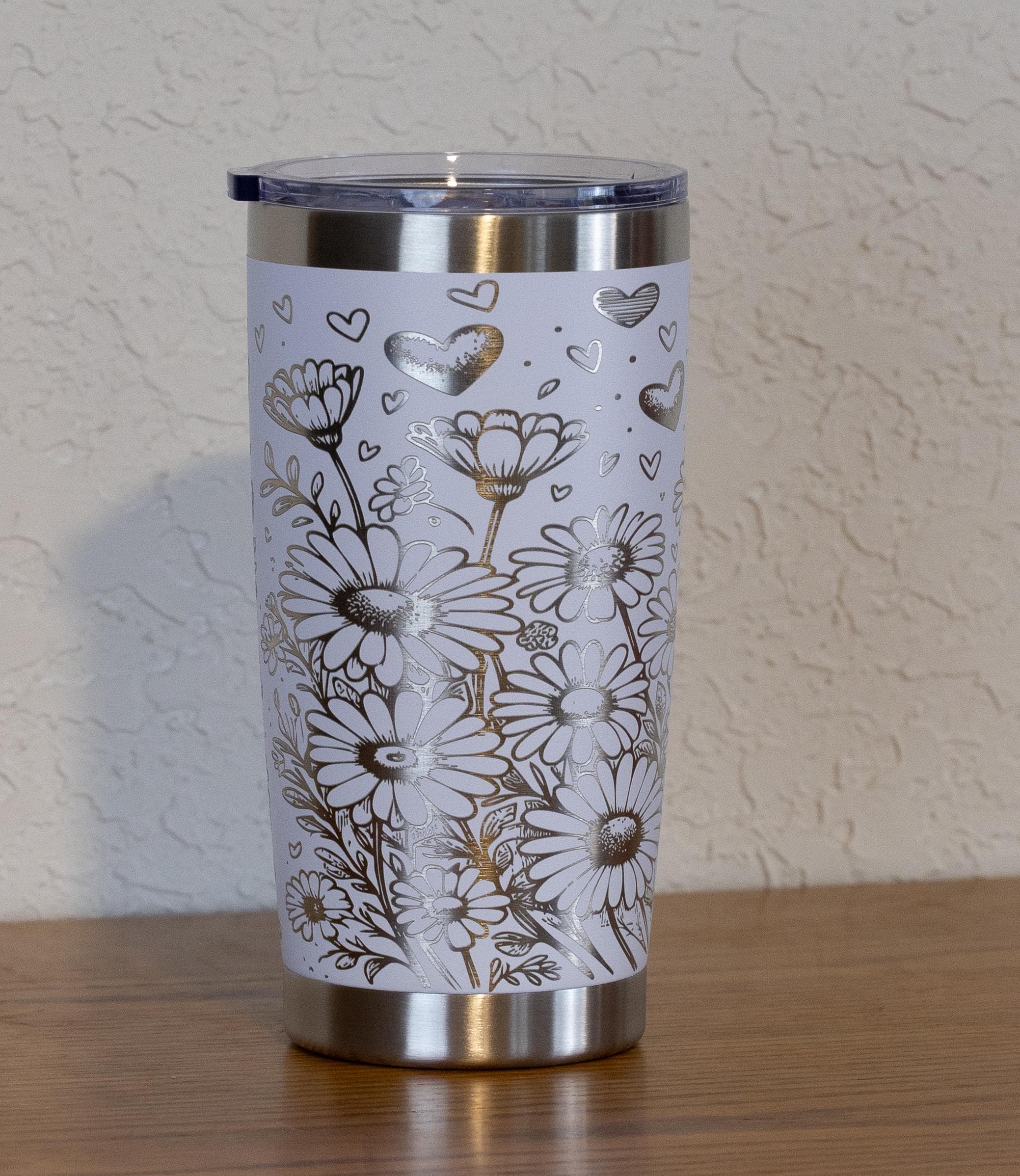 20oz Daisies and Hearts Stainless Steel Tumbler – Laser Engraved Floral Design – Yeti or Unbranded