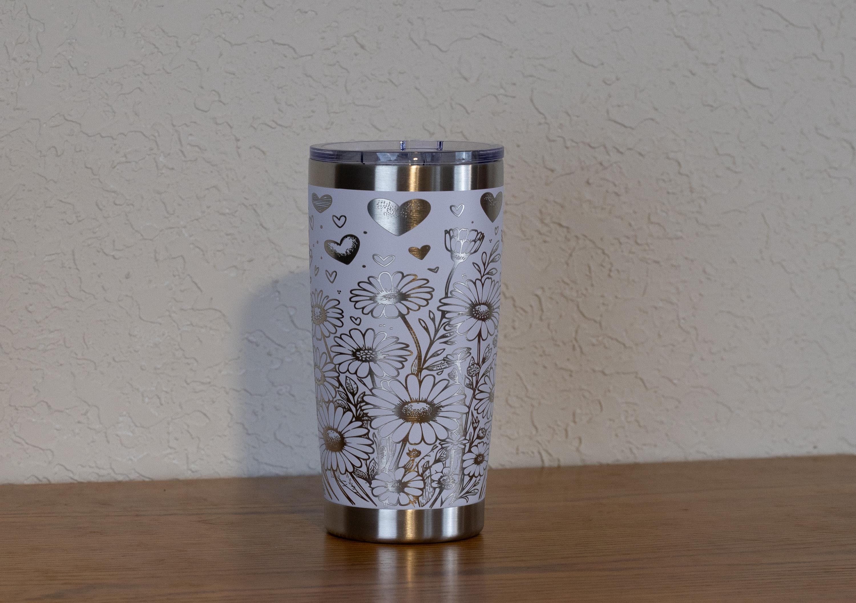 20oz Daisies and Hearts Stainless Steel Tumbler – Laser Engraved Floral Design – Yeti or Unbranded