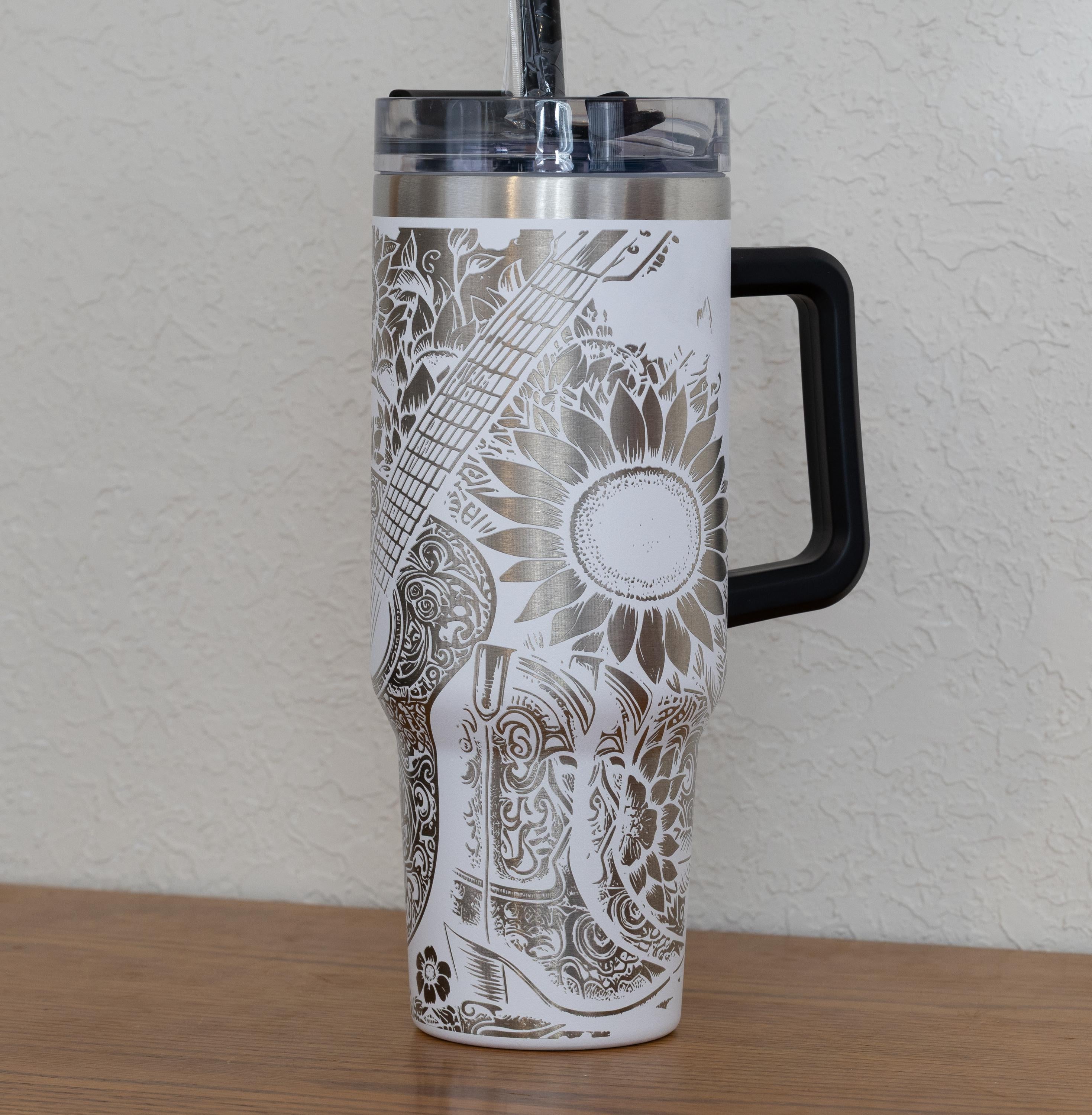 Western Floral Tumbler, Guitar, Boots, and Sunflowers Laser Engraved 40oz Stainless Steel Cup