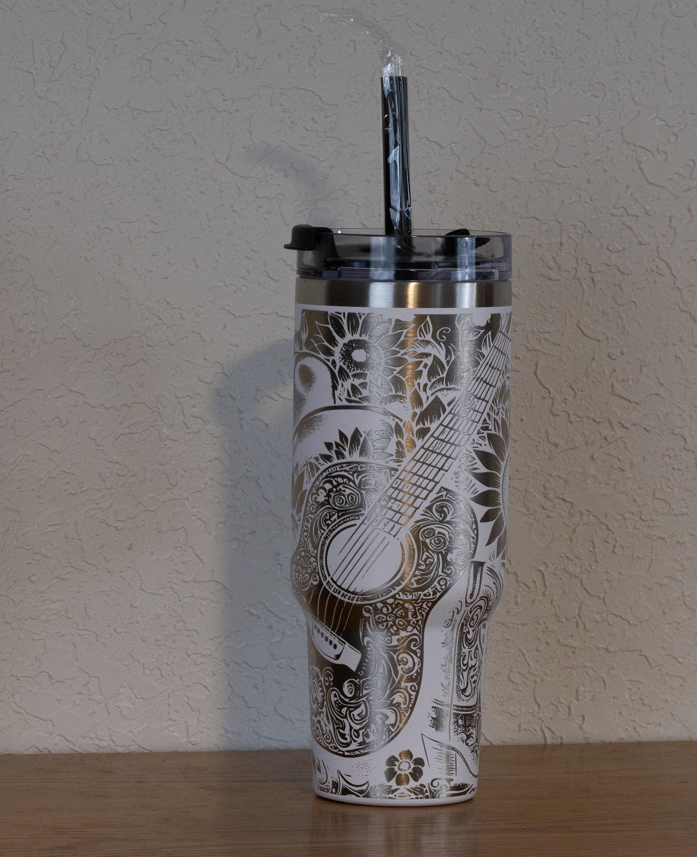 Western Floral Tumbler, Guitar, Boots, and Sunflowers Laser Engraved 40oz Stainless Steel Cup