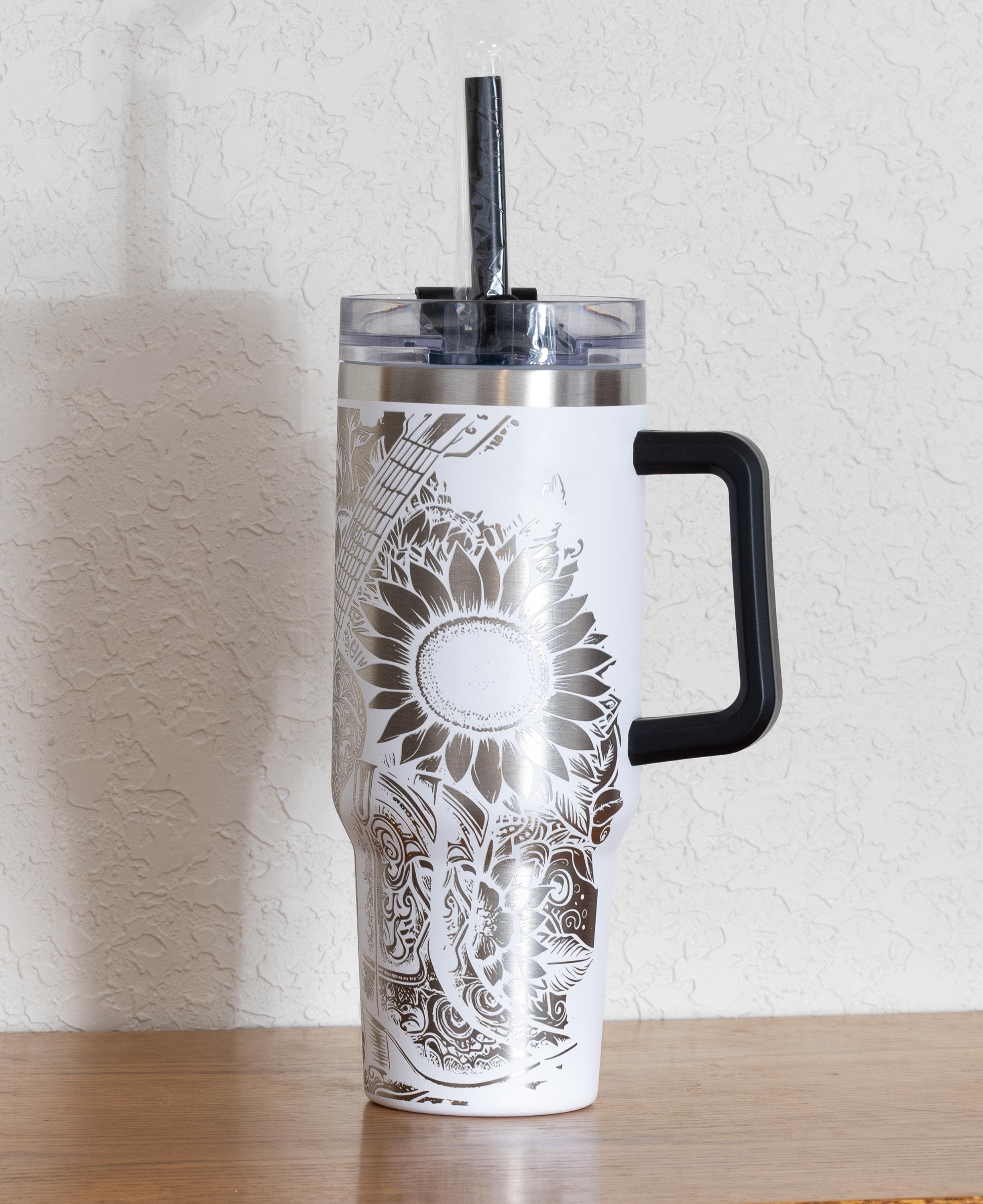 Western Floral Tumbler, Guitar, Boots, and Sunflowers Laser Engraved 40oz Stainless Steel Cup