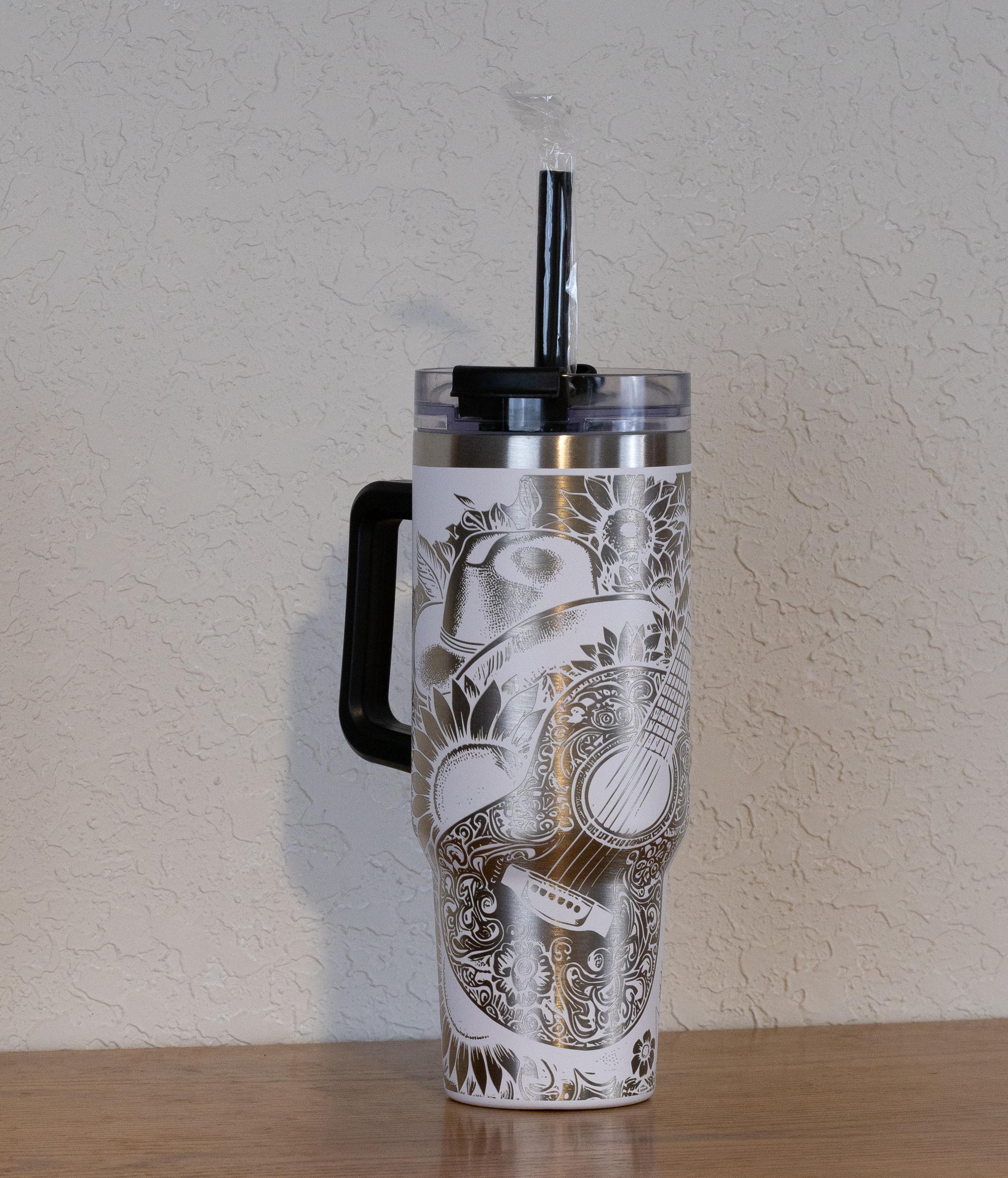 Western Floral Tumbler, Guitar, Boots, and Sunflowers Laser Engraved 40oz Stainless Steel Cup