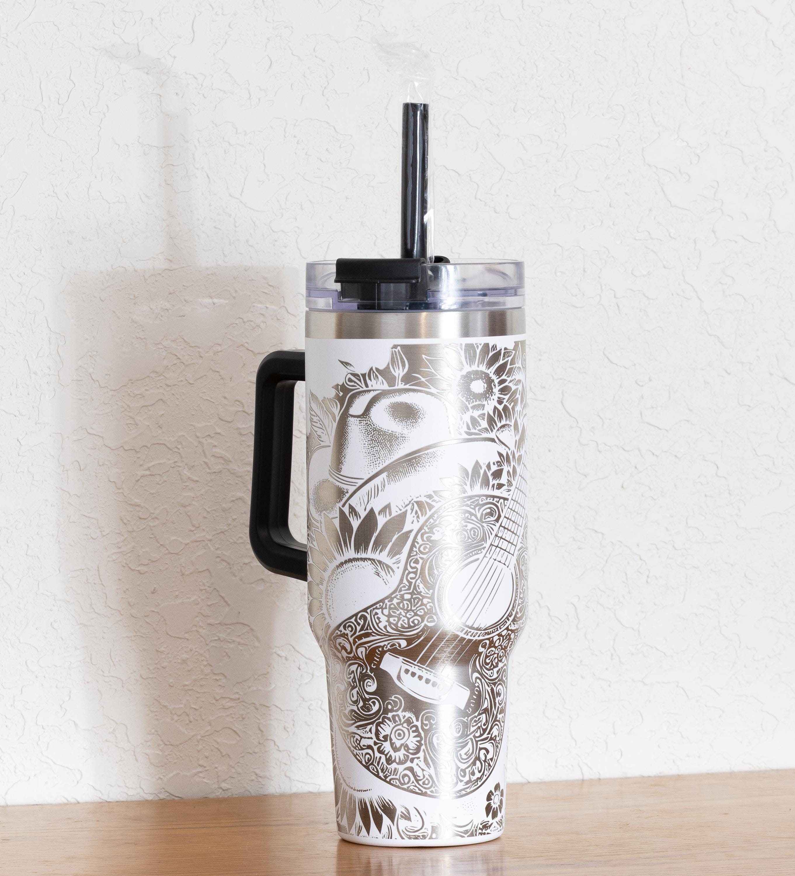 Western Floral Tumbler, Guitar, Boots, and Sunflowers Laser Engraved 40oz Stainless Steel Cup