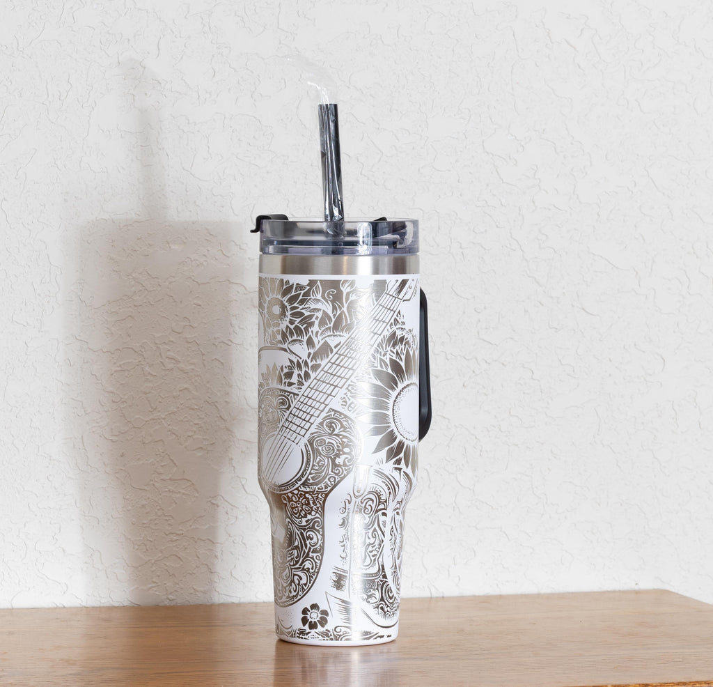 Western Floral Tumbler, Guitar, Boots, and Sunflowers Laser Engraved 40oz Stainless Steel Cup