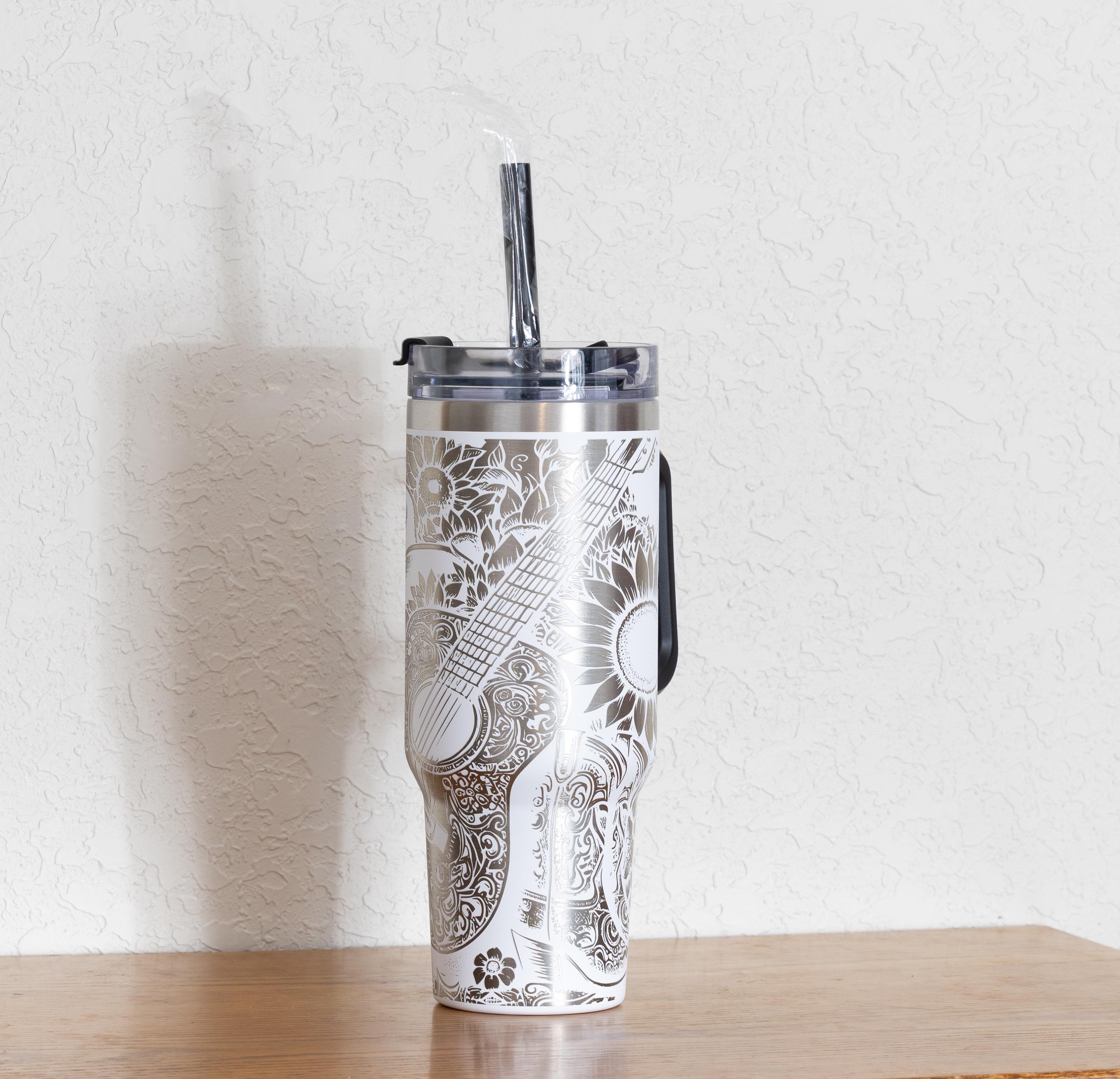 Western Floral Tumbler, Guitar, Boots, and Sunflowers Laser Engraved 40oz Stainless Steel Cup