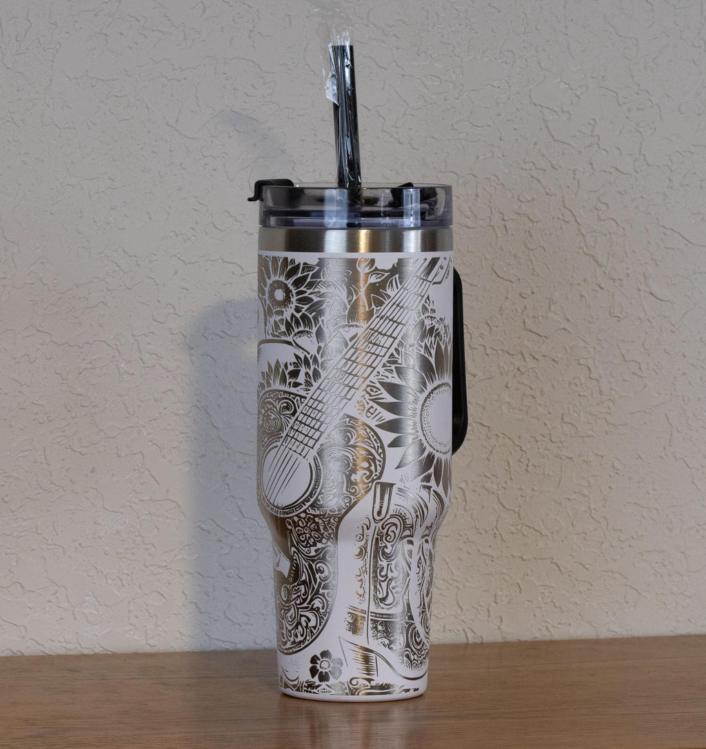 Western Floral Tumbler, Guitar, Boots, and Sunflowers Laser Engraved 40oz Stainless Steel Cup