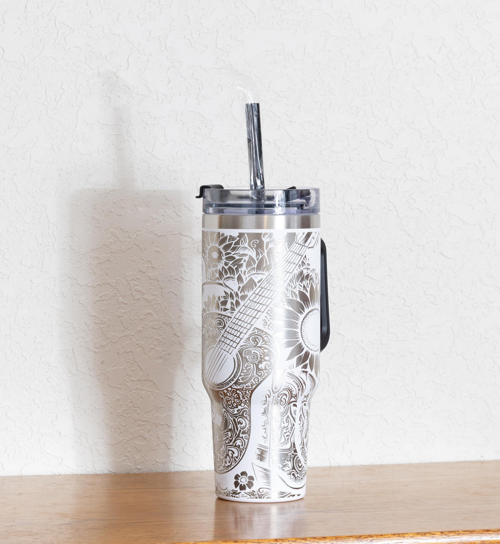 Western Floral Tumbler, Guitar, Boots, and Sunflowers Laser Engraved 40oz Stainless Steel Cup
