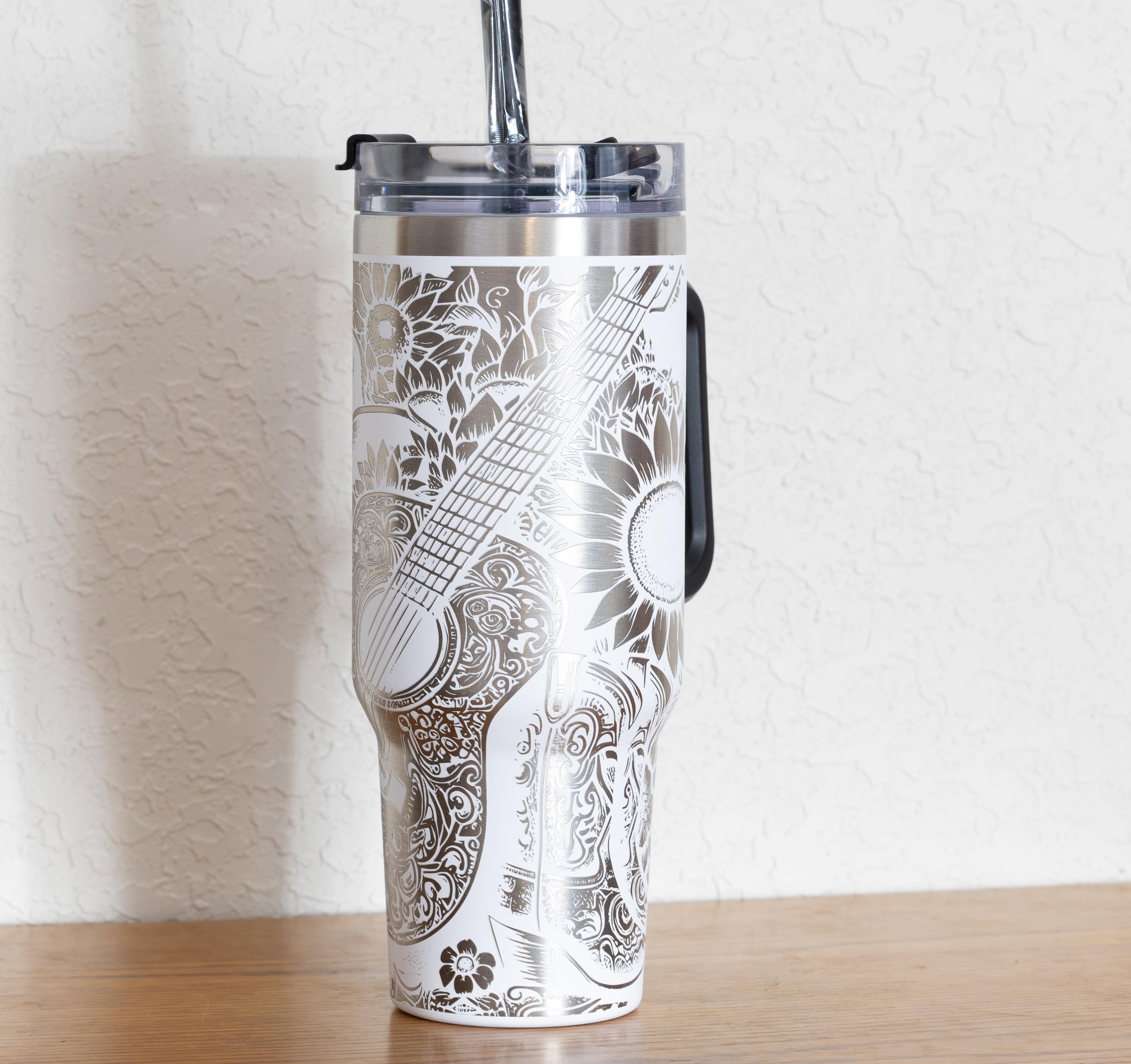 Western Floral Tumbler, Guitar, Boots, and Sunflowers Laser Engraved 40oz Stainless Steel Cup