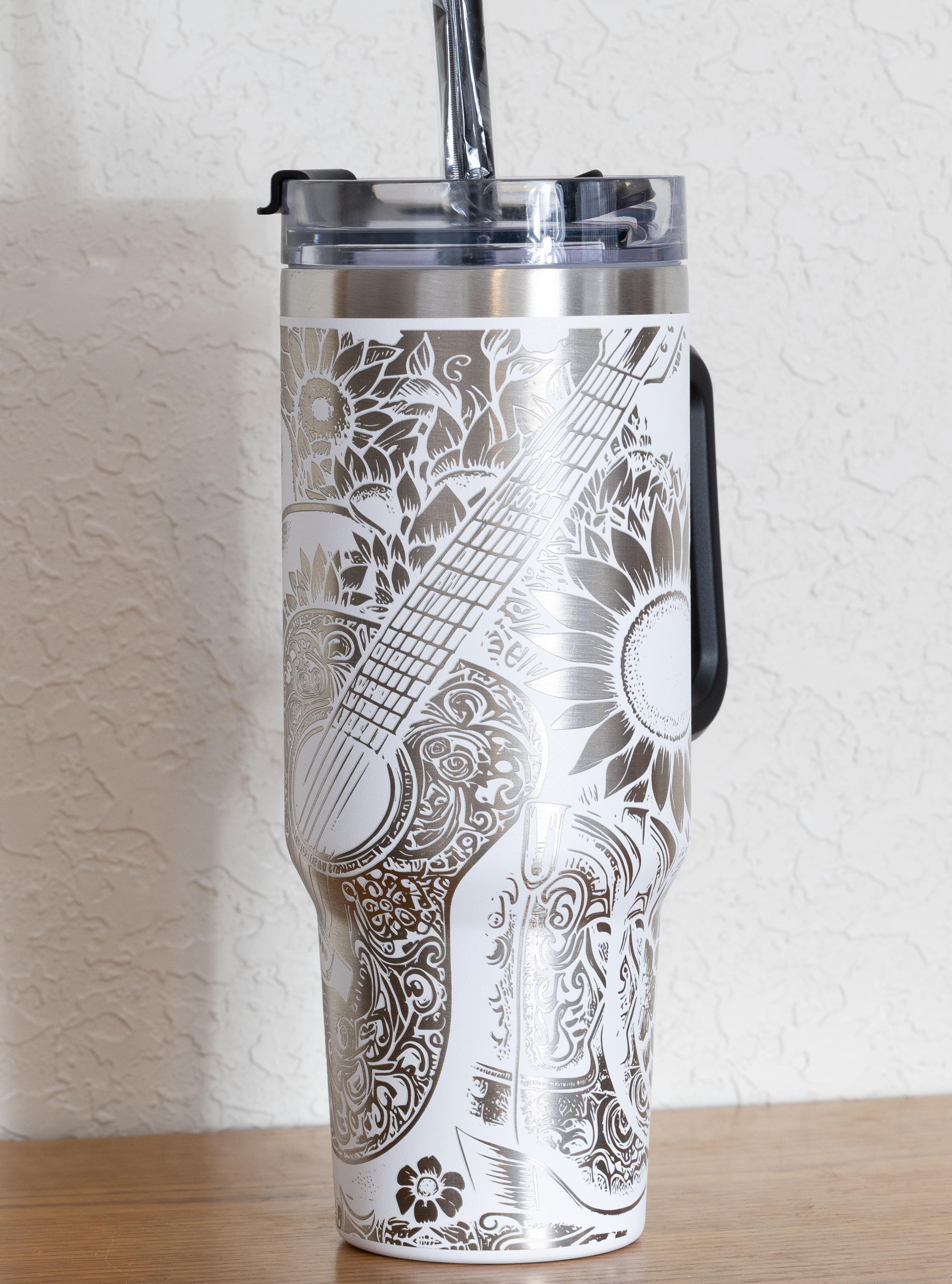 Western Floral Tumbler, Guitar, Boots, and Sunflowers Laser Engraved 40oz Stainless Steel Cup