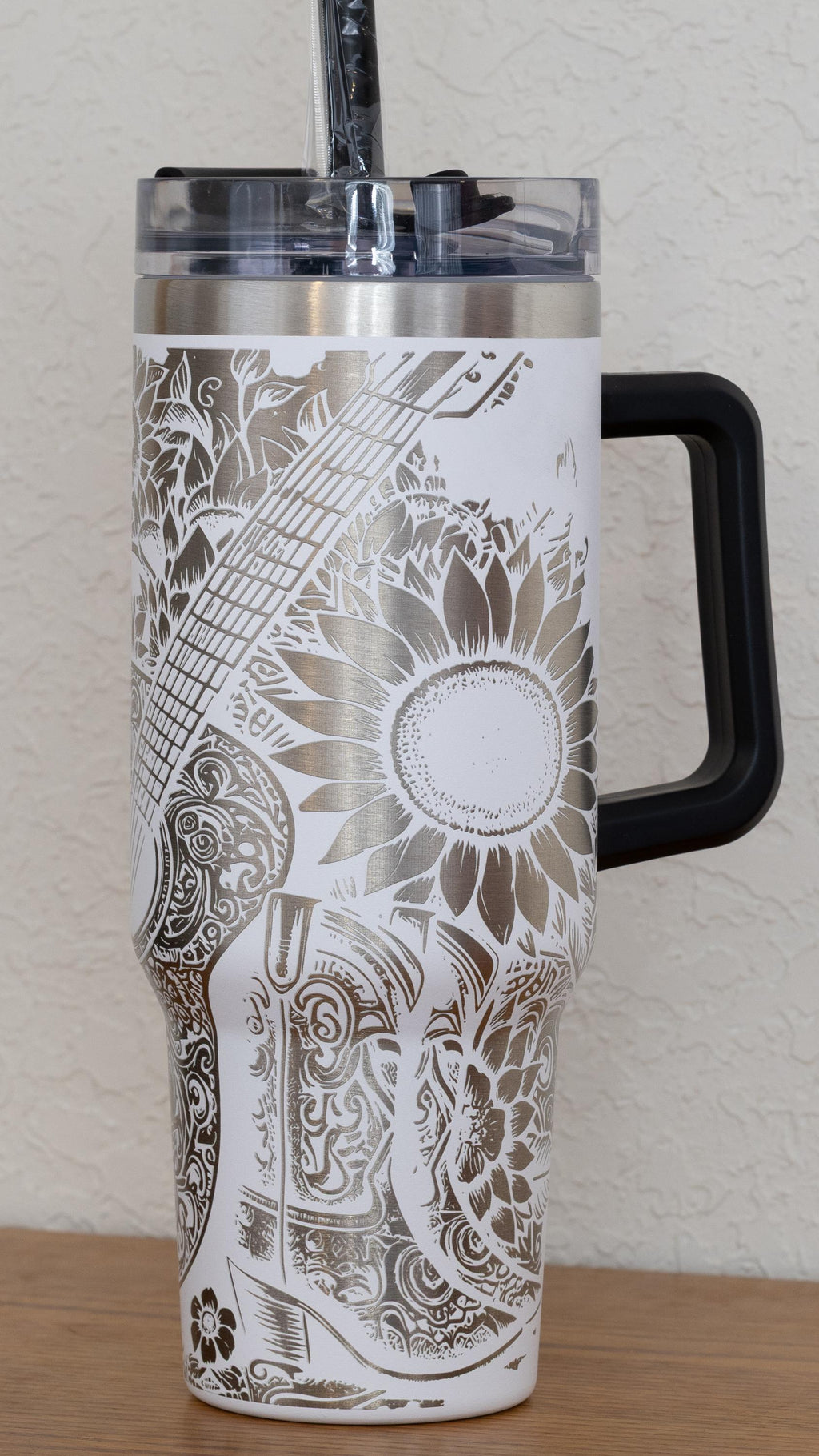 Western Floral Tumbler, Guitar, Boots, and Sunflowers Laser Engraved 40oz Stainless Steel Cup