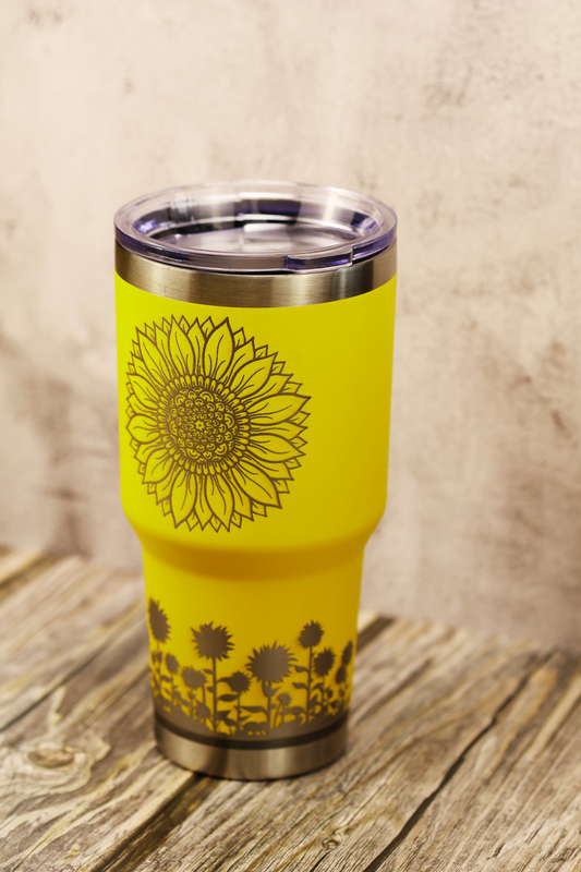 30 oz Sunflower Tumbler – Laser Engraved Yellow Powder Coated Stainless Steel Travel Mug with Lid, Insulated Drinkware
