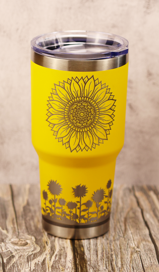 30 oz Sunflower Tumbler – Laser Engraved Yellow Powder Coated Stainless Steel Travel Mug with Lid, Insulated Drinkware